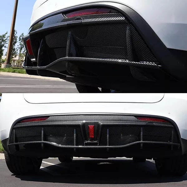 Carbon Fiber Style Rear Bumper Diffuser Lip W/ Light For Tesla Model Y 2020+