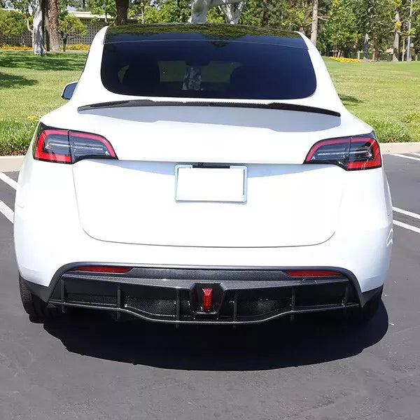 Carbon Fiber Style Rear Bumper Diffuser Lip W/ Light For Tesla Model Y 2020+