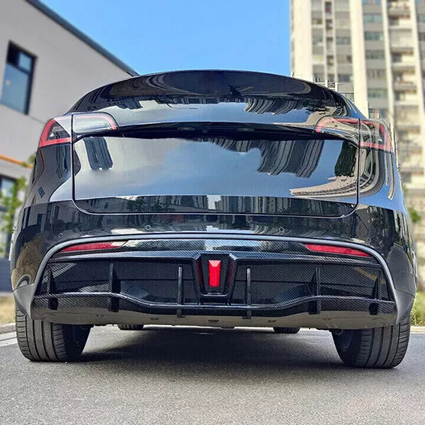 Carbon Fiber Style Rear Bumper Diffuser Lip W/ Light For Tesla Model Y 2020+