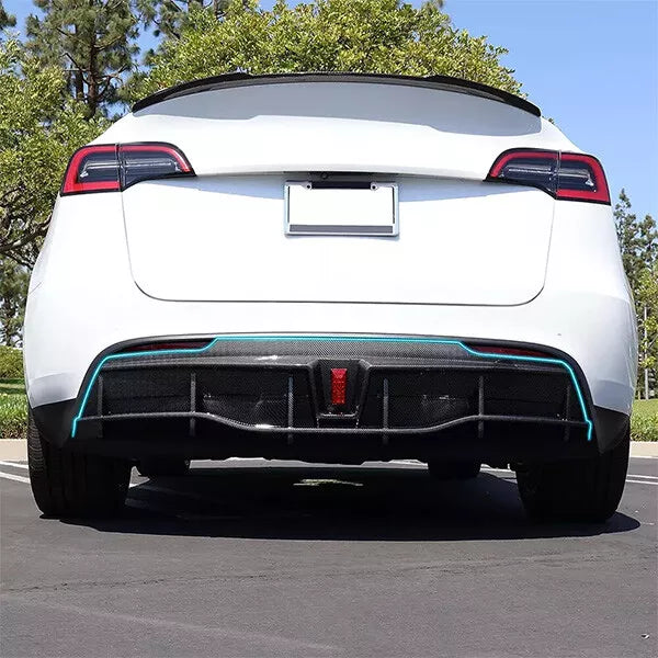 Carbon Fiber Style Rear Bumper Diffuser Lip W/ Light For Tesla Model Y 2020+